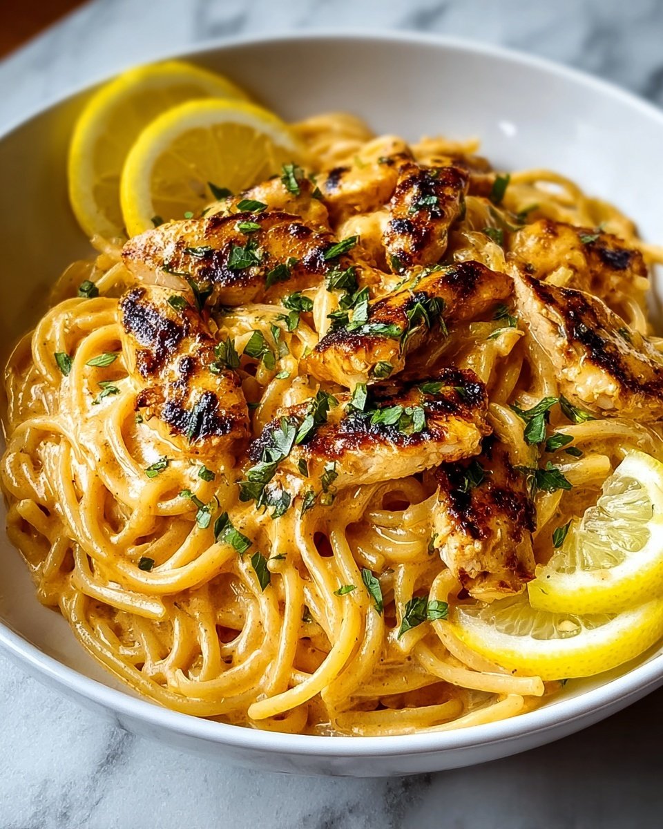 A white bowl filled with spaghetti pasta coated in a creamy orange sauce sits beneath grilled chicken pieces with a golden-brown char and fresh green herb bits sprinkled on top. Two lemon slices rest near the edge of the bowl, adding a fresh yellow accent. The pasta strands are twirled neatly beneath the chicken, showing a smooth and glistening texture. The background is a white marbled surface with soft natural light highlighting the dish’s colors and textures. Photo taken with an iphone --ar 4:5 --v 7