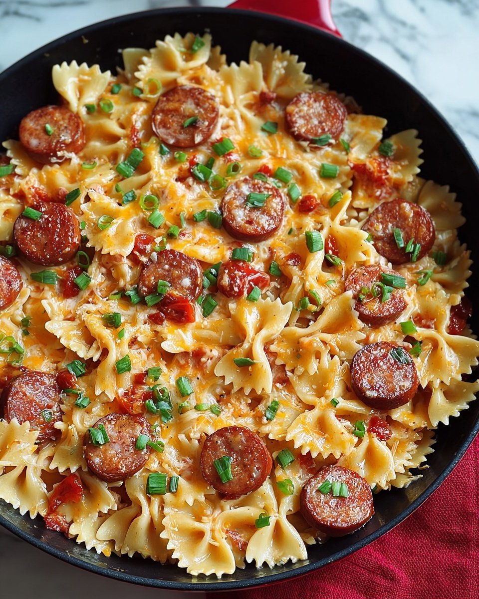 One Pot Kielbasa Pasta with Cheddar and Scallions Recipe - Recipe Image