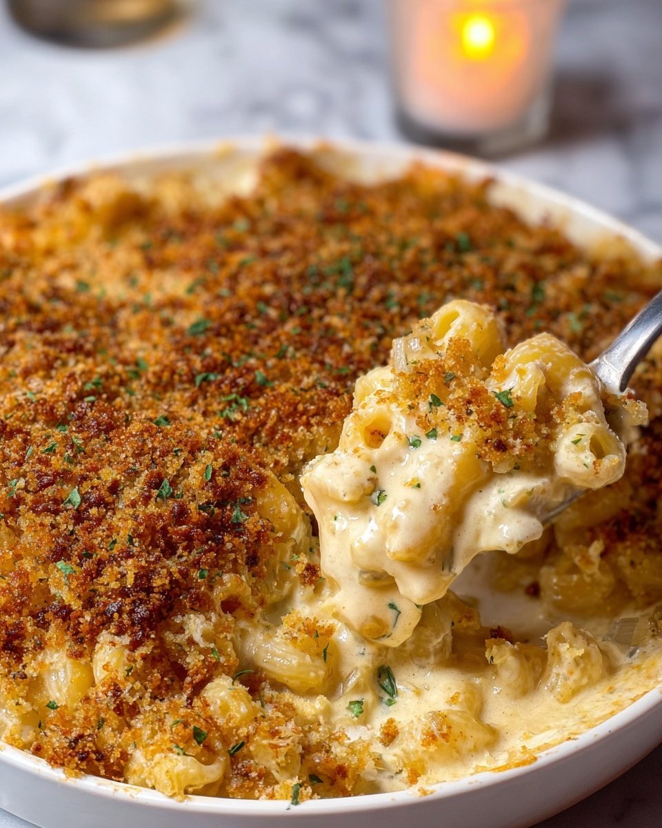 The image shows a close-up of a creamy macaroni dish in a white deep dish, topped with a thick, crunchy layer of browned breadcrumbs mixed with small green herb bits. The pasta underneath is elbow macaroni, coated in a smooth, pale yellow cheese sauce with specks of seasoning and chopped parsley. Some caramelized onions are visible within the cheese sauce, adding texture and a light golden color. A metal spoon scoops a portion, revealing the soft pasta and sauce beneath the crispy top layer. The dish is placed on a white marbled surface with a small lit candle blurred in the background. Photo taken with an iphone --ar 4:5 --v 7
