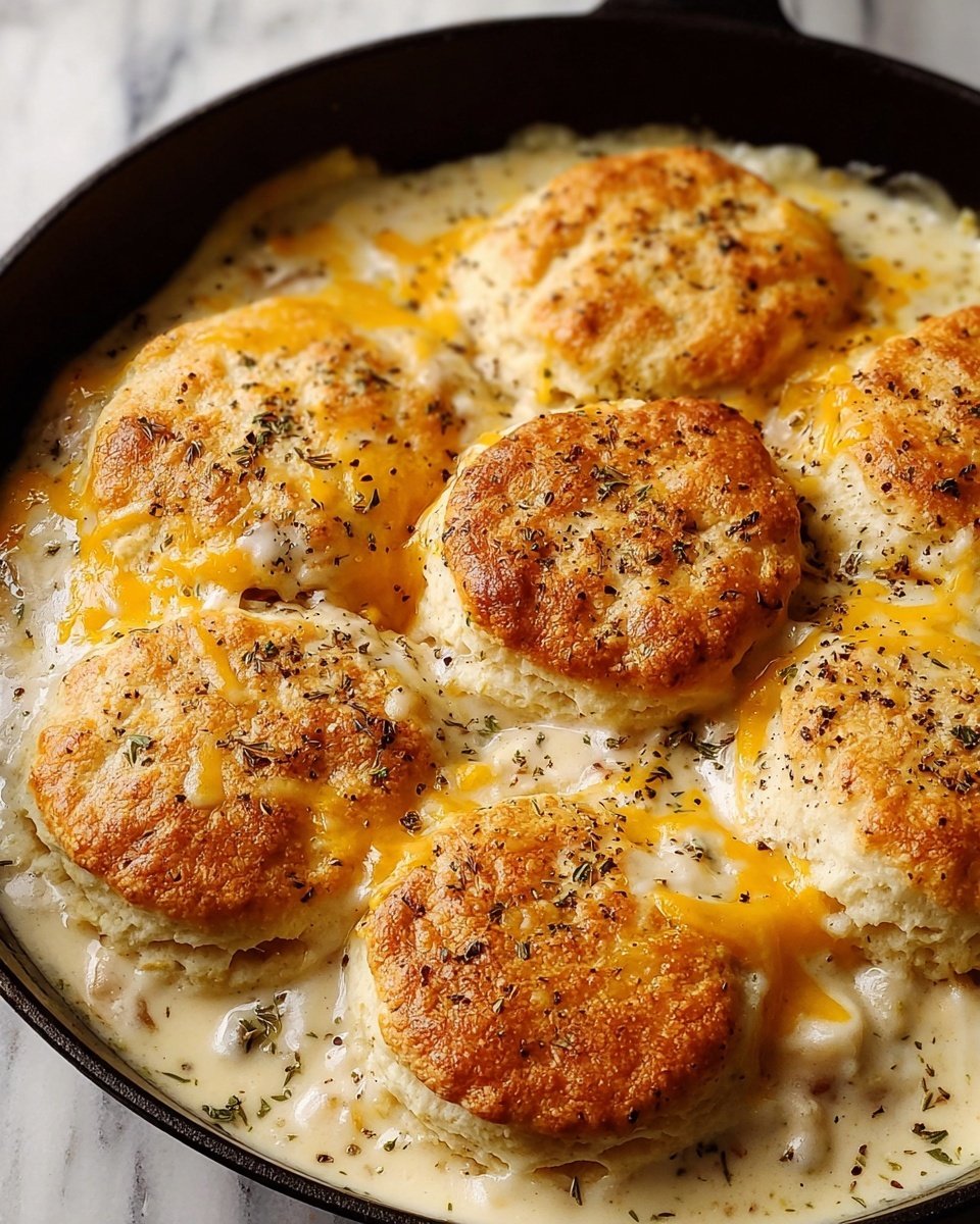 The image shows six golden-brown biscuits on top of a creamy white sauce with melted yellow cheese scattered between the biscuits and black pepper sprinkled on top. The biscuits are thick with a lightly flaky texture, and the sauce has a rich, smooth look with herbs mixed in. The dish is inside a black pan, and the background has a white marbled texture. photo taken with an iphone --ar 4:5 --v 7