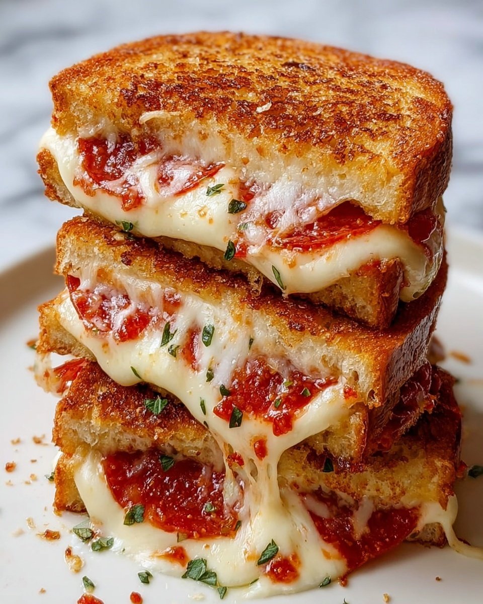 A close-up of a sandwich with two thick slices of golden brown toasted bread on the top and bottom, sprinkled lightly with green herbs. Inside there are two visible layers of melted white cheese that stretches out creamy and smooth, with round slices of bright red pepperoni evenly placed in between the cheese layers. The sandwich is stacked to show the gooey cheese pulling apart, resting on a white marbled surface with some small bits of herbs scattered around. The photo taken with an iphone --ar 4:5 --v 7