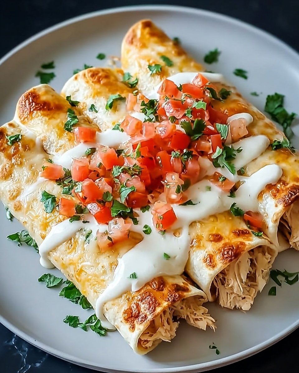 The image shows four rolled enchiladas placed side by side on a white plate. Each enchilada is filled with light-colored shredded chicken, visible at the ends. The enchiladas are covered with melted white cheese that spreads over the tortillas in an uneven layer. On top of the cheese, there are small, scattered pieces of fresh red diced tomatoes and finely chopped green herbs, adding color contrast. The plate rests on a white marbled surface. photo taken with an iphone --ar 4:5 --v 7