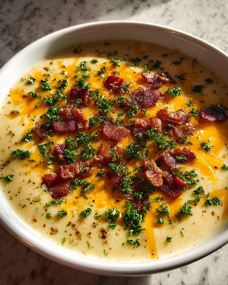 A white bowl filled with creamy, light yellow soup as the base layer, topped with thin orange melted cheese spread evenly across the surface. On top, small pieces of crispy dark red bacon are scattered mostly in the center, with finely chopped bright green parsley sprinkled all over to finish. The bowl sits on a white marbled surface with warm sunlight highlighting the textures and colors. Photo taken with an iphone --ar 4:5 --v 7