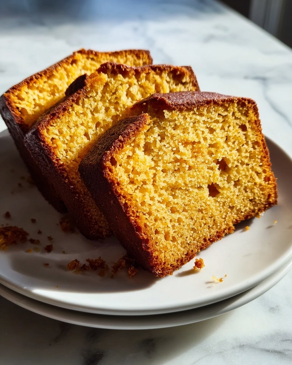 A close-up view of a single loaf of golden brown cake with a moist, crumbly texture. The top layer is slightly darker with a crisp crust and small cracks, revealing the soft, vibrant yellow-orange inside. The cake loaf sits on a white plate with a smooth finish, placed on a white marbled surface. Warm sunlight highlights the cake’s color and texture, making it look fresh and inviting. photo taken with an iphone --ar 4:5 --v 7