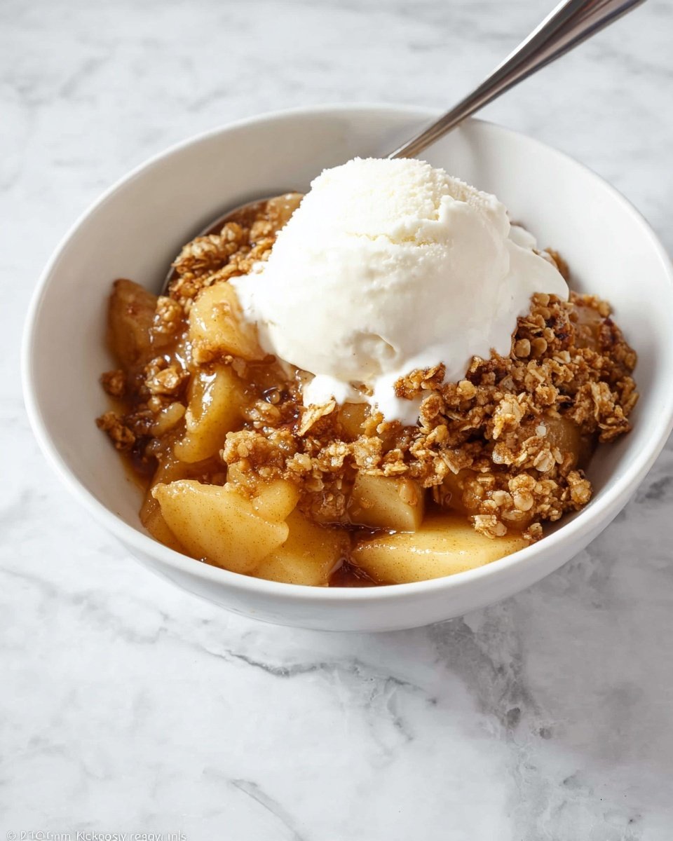 A white bowl sits on a white marbled surface, filled with three layers of dessert. The bottom layer is made of chunky, soft apple slices in a golden brown syrup. The middle layer is a crumbly oat and nut topping with a toasted brown color and rough texture. On top, there is a smooth scoop of white vanilla ice cream that is starting to melt slightly, with a silver spoon resting inside the bowl. Photo taken with an iphone --ar 4:5 --v 7