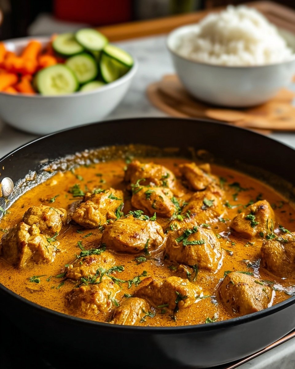 A close-up view of a black frying pan filled with thick, orange-colored curry sauce with many pieces of cooked chicken immersed in it. The chicken chunks are a light golden color and appear tender, with some sprinkled green herbs on top. In the blurred background, a white bowl filled with white rice sits on a table with a few sauces in white dishes nearby. The surface under everything is a white marbled texture, and there are some kitchen tools in a metal container in the background. The photo is bright and warm, showing a homemade meal ready to eat. photo taken with an iphone --ar 4:5 --v 7