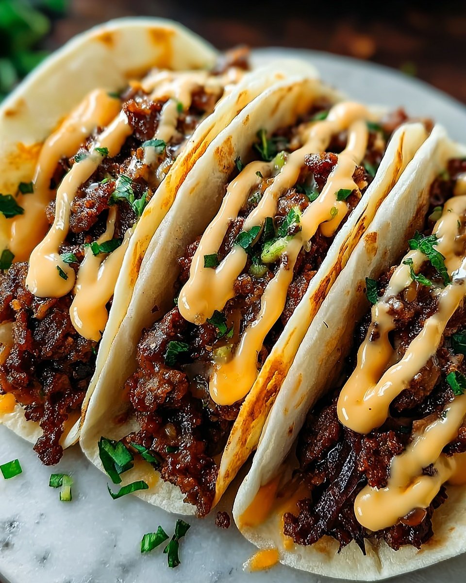 Three tacos are placed side by side on a white plate, each filled with a rich, dark brown meat mixture. The soft light beige tortillas cradle the filling, with the edges slightly browned and warm-looking. On top of the meat, a creamy light yellow sauce is drizzled over each taco in a zigzag pattern, and small bits of fresh green herbs are scattered evenly on top. Below the meat inside the tortilla, some bright orange sauce can be seen peeking out. The whole dish sits on a white marbled surface. Photo taken with an iphone --ar 4:5 --v 7