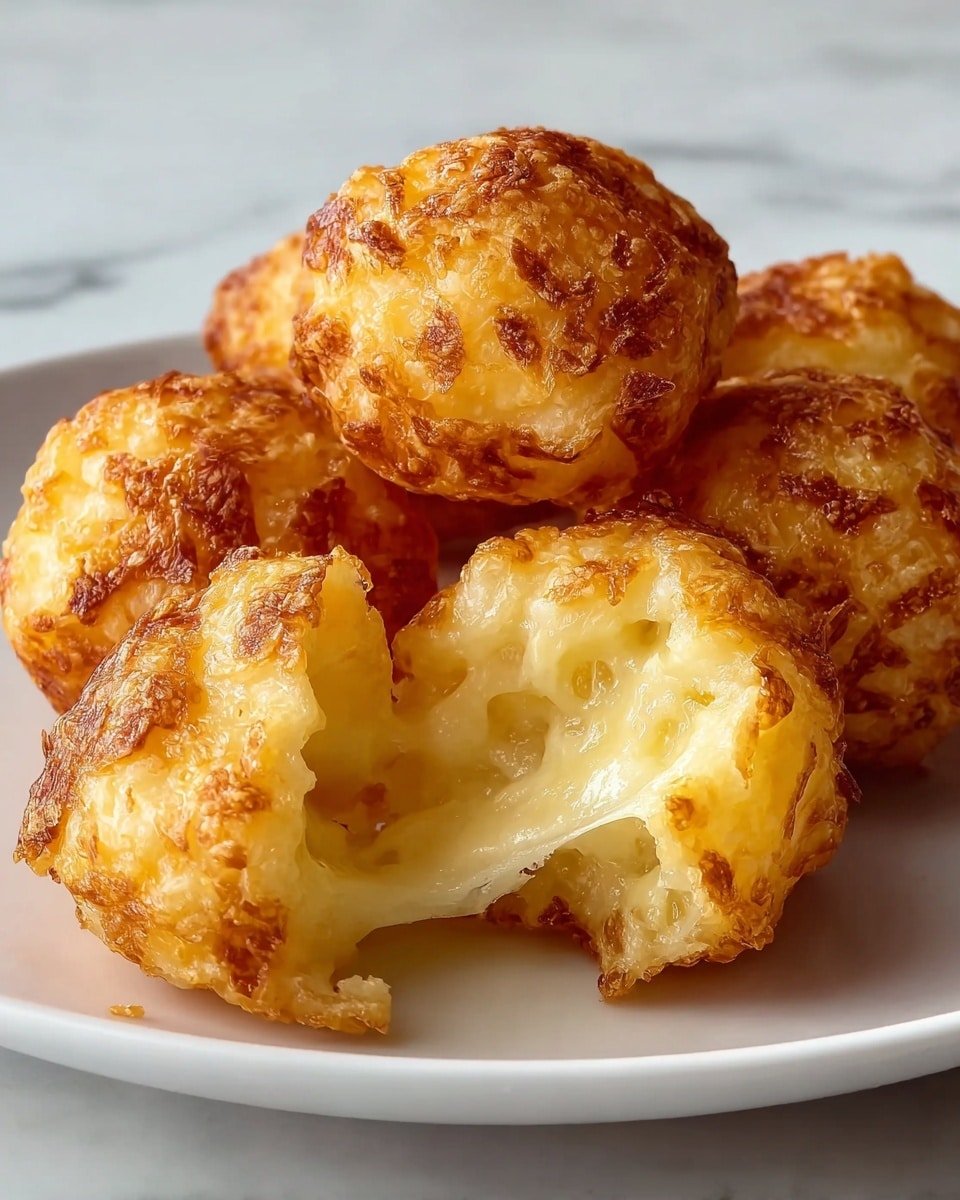 Several small golden-brown cheese balls sit closely together in a pile on a white plate. Each ball has a crispy, textured outer layer with a slightly uneven surface showing bits of baked cheese. One cheese ball in front is broken open, revealing a soft, creamy, and stringy melted cheese center that contrasts with the crunchy exterior. The plate rests on a white marbled surface, and the image is taken up close showing the warm color and texture of the cheese balls clearly. photo taken with an iphone --ar 4:5 --v 7