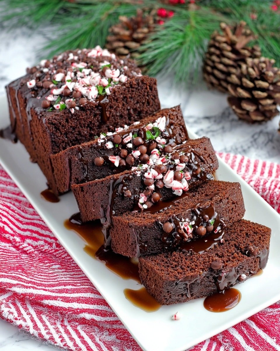 A white rectangular plate holds five thick slices of dark chocolate cake, stacked slightly overlapping. The cake is rich and moist with a dense texture and is topped with small chocolate chips and crushed peppermint candy sprinkled evenly across the top. Drizzles of shiny dark chocolate sauce flow over the cake slices and pool around the plate's edges. The plate is placed on a red and white striped cloth with pine branches and brown pine cones arranged in the background over a white marbled surface. photo taken with an iphone --ar 4:5 --v 7