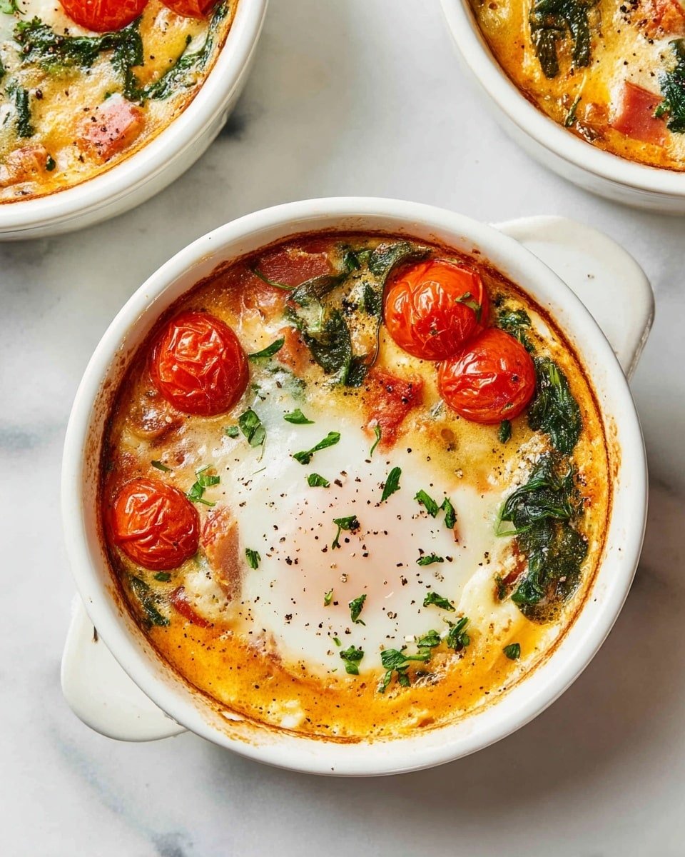The dish shows a white round baking dish with two visible layers; the bottom layer is a mix of creamy orange sauce, green spinach leaves, and red chunks of tomato and other vegetables, creating a rich textured base. On top, there are whole baked cherry tomatoes, wilted spinach leaves, and a baked egg with a soft white surface and a light orange yolk in the center. Small green chopped herbs are sprinkled on the egg, and black pepper flecks are scattered over the whole dish. The dish is set on a white marbled surface with parts of two other similar dishes partially visible. photo taken with an iphone --ar 4:5 --v 7