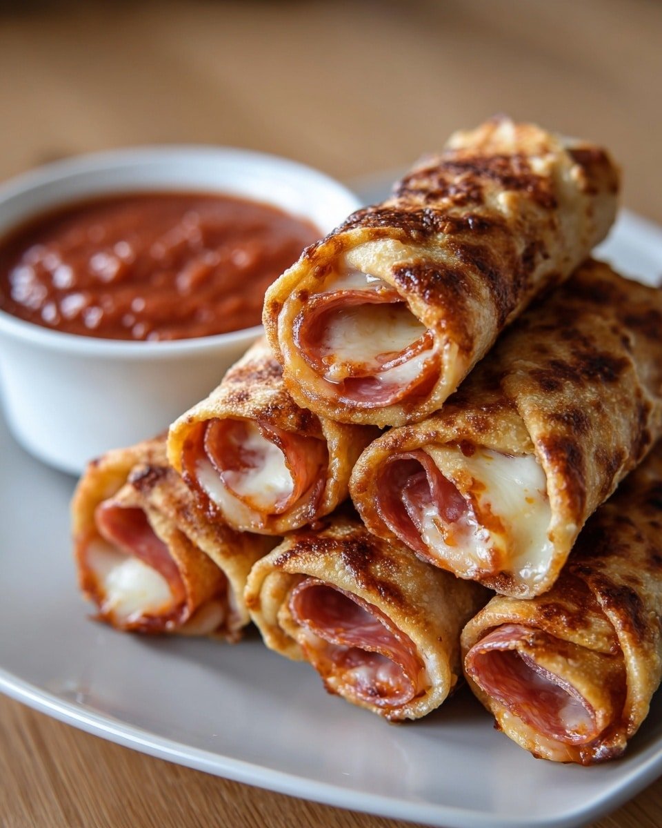 The image shows a white plate holding a stack of six rolled snacks, each with a golden-brown crispy outer layer that looks slightly toasted. Inside, the visible layers include melted white cheese and red slices of pepperoni, with some reddish sauce peeking through, all wrapped tightly to create a spiral effect. Behind the stack, a small white bowl sits filled with a thick red dipping sauce that appears smooth with some texture, placed on a wooden surface. The scene has a warm, close-up focus on the food, making the textures and colors stand out clearly, with a simple and cozy setting. Photo taken with an iphone --ar 4:5 --v 7
