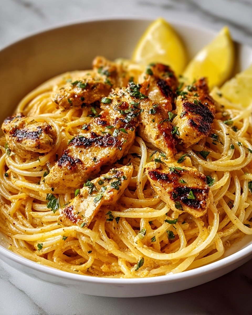 A white bowl filled with creamy spaghetti pasta as the base layer, light yellow in color with a smooth texture, topped with several pieces of golden brown grilled chicken strips that have a slightly crispy surface. The chicken is scattered evenly over the pasta and sprinkled with small bits of chopped parsley for a touch of green. Two lemon slices rest on the edge of the bowl, adding a bright yellow accent. The background is a white marbled surface. Photo taken with an iphone --ar 4:5 --v 7
