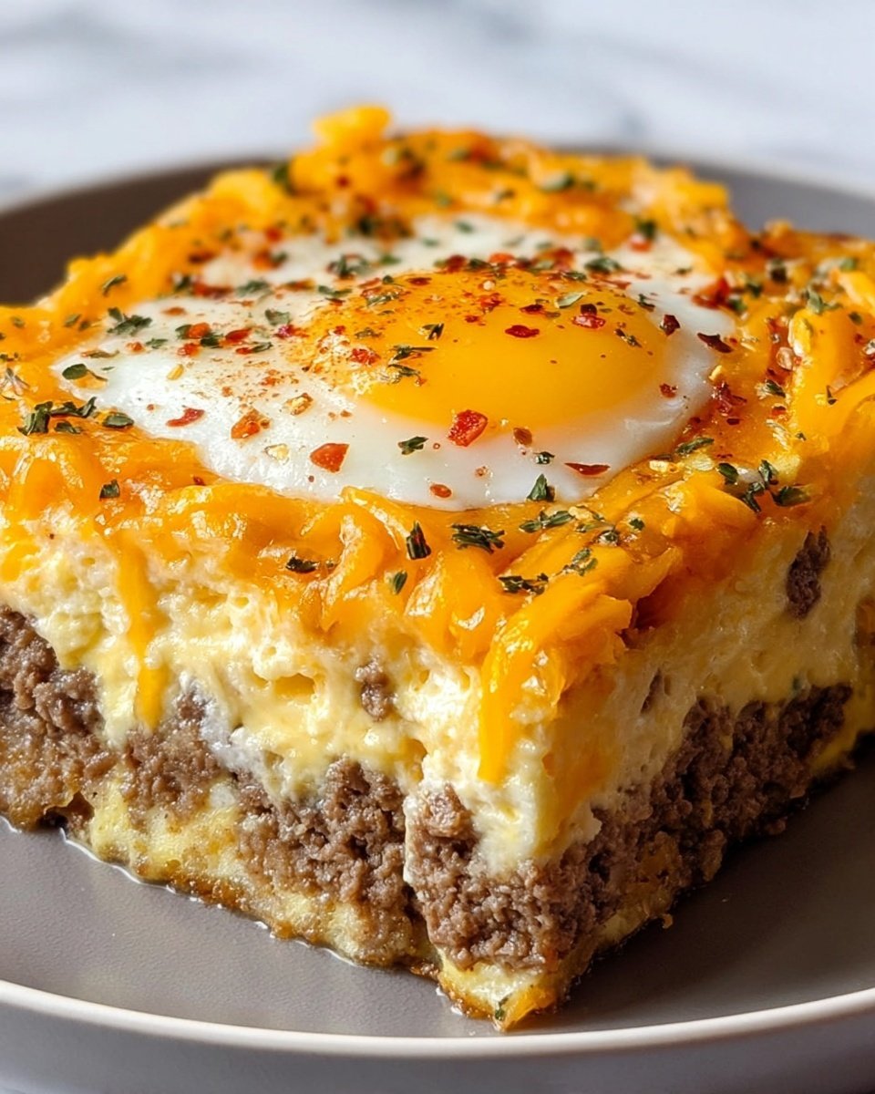 The dish shows a thick slice of layered breakfast casserole on a white plate. The bottom layer is a golden yellow hash brown base with a slightly crispy texture, topped by a thick, juicy light brown ground sausage layer. Above the sausage is a creamy, cheesy yellow layer mixed with bits of sausage. This is followed by another sausage layer with melted cheese in between. The top layer is two sunny side up eggs with bright orange yolks and white edges sprinkled with black pepper and herbs. The entire casserole is covered with shredded orange cheddar cheese. The background is a white marbled surface. Photo taken with an iphone --ar 4:5 --v 7
