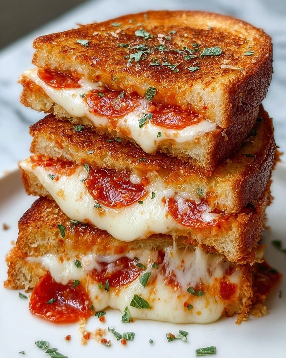 A stack of three grilled cheese sandwiches cut in half and piled on a white plate, each sandwich showing three golden-brown toasted bread layers with a crispy texture on top and bottom. Between the bread layers, there is melted white cheese that stretches out with some bubbles, mixed with red pepperoni slices that have a slightly shiny, cooked look. Small green herb bits are sprinkled on the cheese and around the sandwich for added color. The background is a white marbled surface. photo taken with an iphone --ar 4:5 --v 7