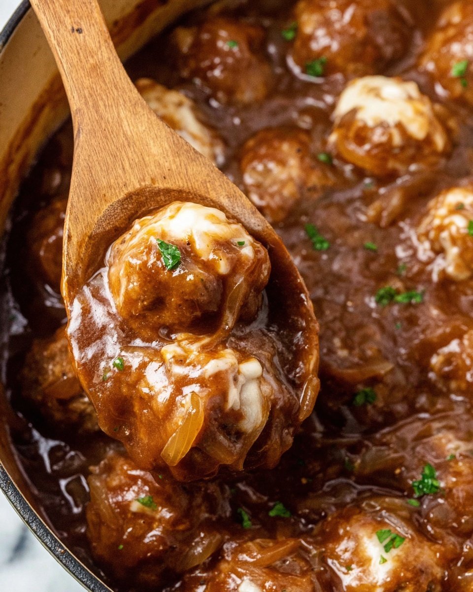 A close-up view of a black slow cooker filled with meatballs in a thick brown gravy sauce layered with melted cream cheese swirls and sprinkled chopped green parsley on top. The texture shows smooth sauce covering round meatballs with creamy white patches of melted cheese mixed throughout. A wooden spoon rests inside the cooker, slightly lifting some of the meatballs and sauce. The background is a white marbled surface. photo taken with an iphone --ar 4:5 --v 7