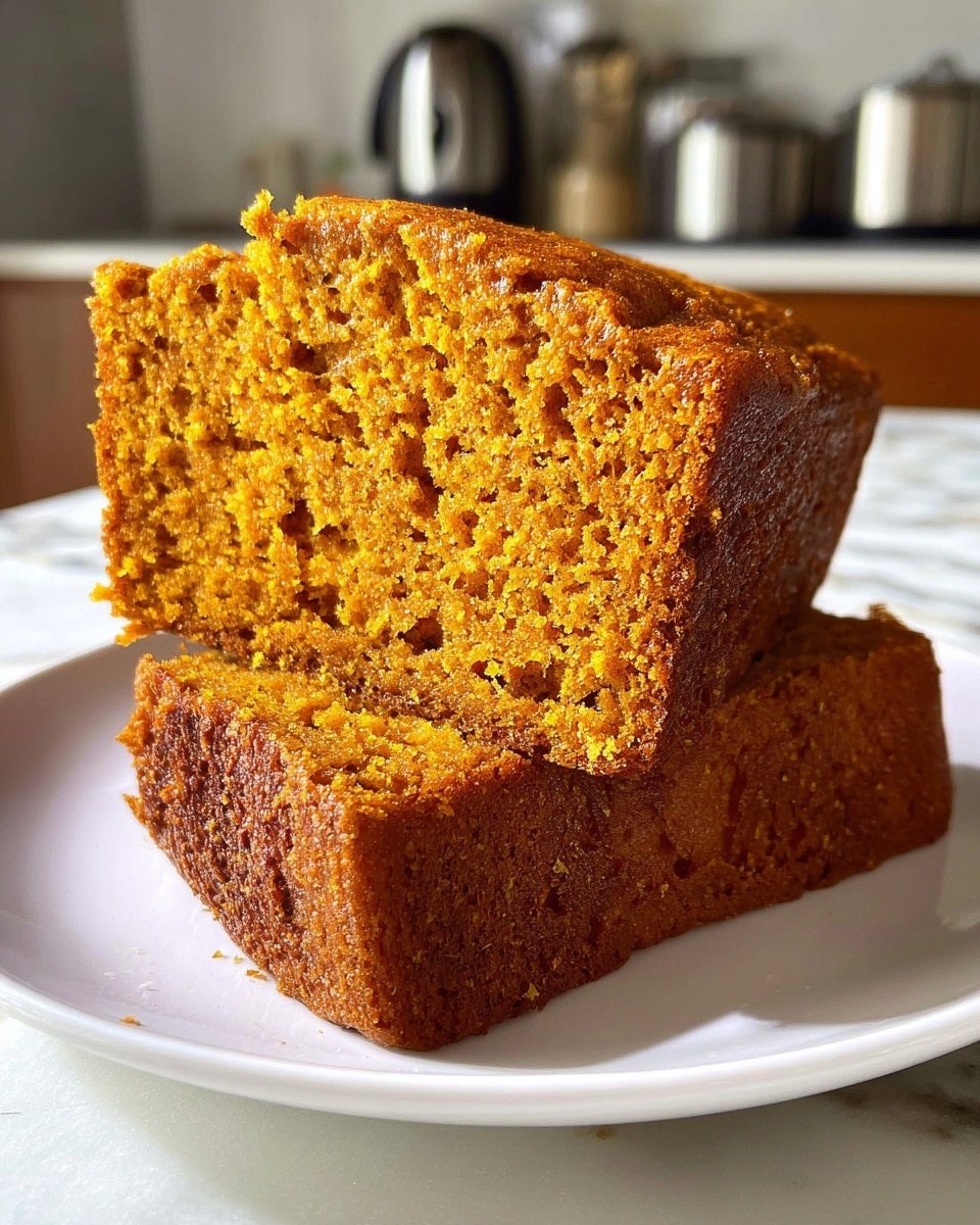 Two thick slices of orange-brown loaf cake with a crumbly texture are stacked and leaning against each other on a white round plate. The cake has a rough, bumpy surface with visible small air pockets, indicating softness inside. The background shows a blurred kitchen setting, while the plate sits on a white marbled surface. Photo taken with an iphone --ar 4:5 --v 7