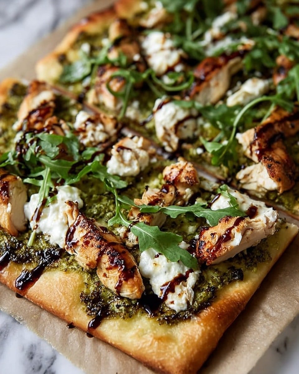 A square pizza with a golden, slightly thick crust at the bottom. The first layer on the crust is a green pesto sauce spread evenly. On top of the pesto, there are uneven white creamy dollops that look soft and smooth. Large pieces of grilled chicken, brown with char marks, are scattered across the pizza. Fresh green arugula leaves are spread on top, adding a fresh touch. The pizza is drizzled with a dark balsamic glaze in thin lines, creating contrast. The pizza sits on parchment paper set on a white marbled surface. Photo taken with an iphone --ar 4:5 --v 7