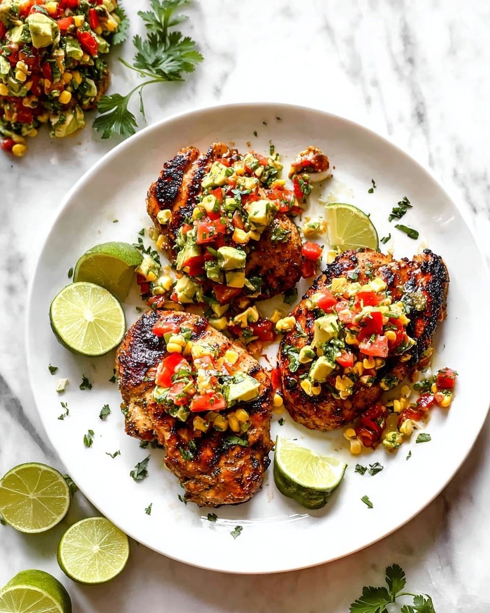 Three grilled chicken pieces with a rough, brown, slightly charred texture sit on a large white plate. Each piece is topped with a colorful mix of diced red tomatoes, yellow corn kernels, green avocado chunks, and finely chopped herbs. Around the chicken, there are green lime wedges and scattered green cilantro leaves, adding extra color and freshness. The plate rests on a white marbled surface with a few lime halves and slices nearby, creating a bright and fresh look. photo taken with an iphone --ar 4:5 --v 7
