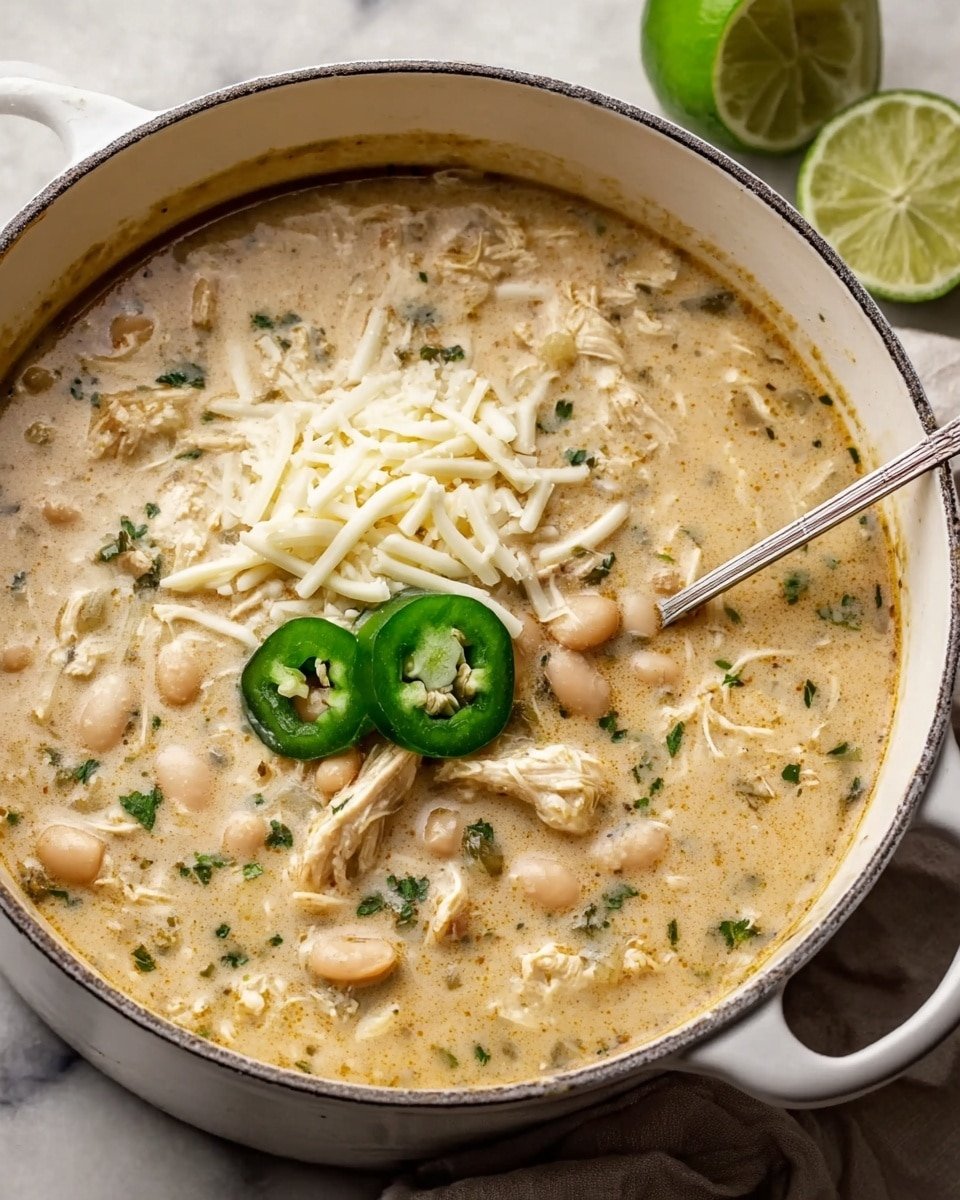 The image shows a white pot filled with a thick, creamy soup that has a light beige color with specks of green herbs throughout. The soup contains visible chunks of shredded white chicken and white beans scattered in the mix. On top, there is a small pile of shredded white cheese centered with two slices of bright green jalapeño pepper. A silver spoon rests inside the pot on the right side. The pot sits on a white marbled textured surface with a halved lime in the background. Photo taken with an iphone --ar 4:5 --v 7