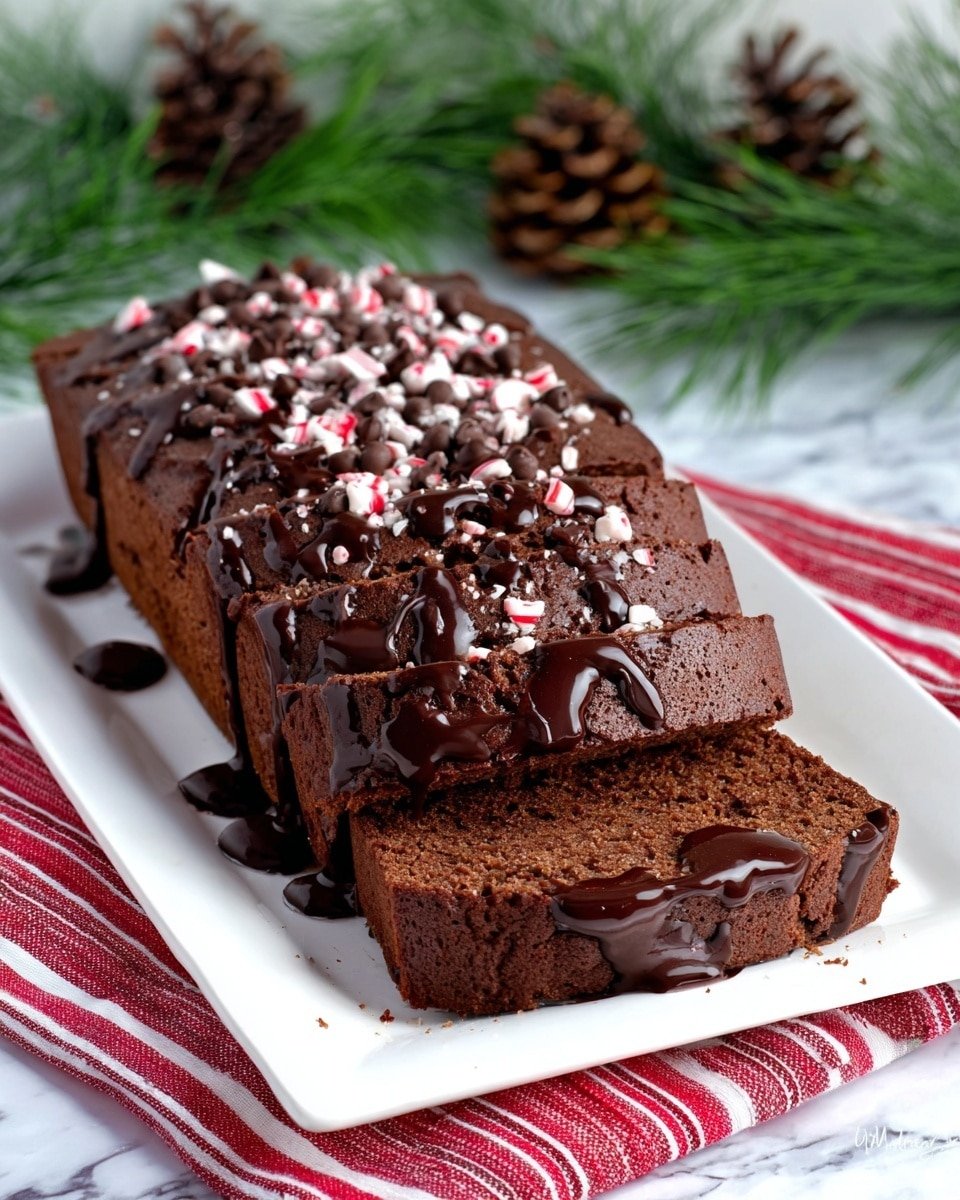 A sliced chocolate loaf cake sits on a white rectangular plate placed on a red and white striped cloth over a white marbled surface. The cake is rich brown with a slightly cracked top, drizzled with dark chocolate sauce that runs down the cake edges and pools slightly on the plate. It is decorated with small peppermint candy pieces and mini chocolate chips scattered over the top. The background shows green pine branches and pine cones, giving a festive feel. Photo taken with an iphone --ar 4:5 --v 7