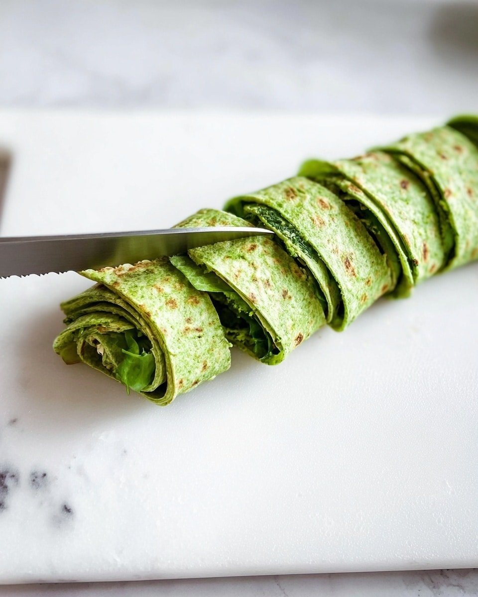 A green wrap, rolled tight, is sliced into eight even pieces on a white cutting board with a white marbled texture underneath. The wrap has a slightly toasted appearance with small brown spots and a leafy texture on the surface. Inside the wrap, some visible greens and filling give a dark contrast to the lighter green wrap. A serrated knife is cutting the last piece from the left, positioned diagonally across the wrap. The setting is bright with soft natural light. Photo taken with an iphone --ar 4:5 --v 7