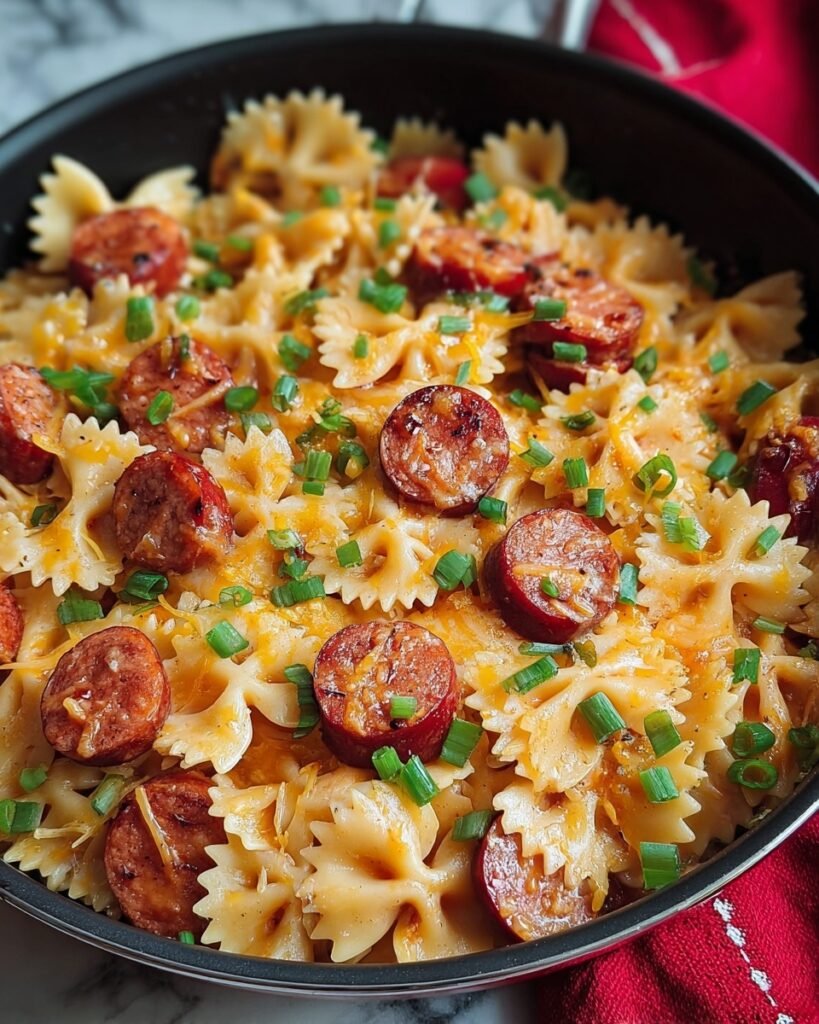 One Pot Kielbasa Pasta with Cheddar and Scallions Recipe