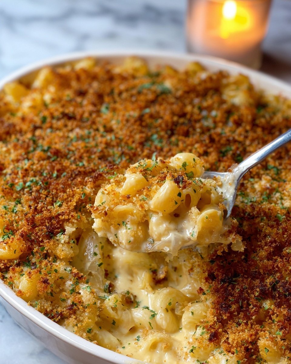 A white bowl with a thin blue rim holds a serving of creamy baked macaroni and cheese. The dish has small elbow pasta coated in a thick, yellowish cheese sauce mixed with roasted cauliflower pieces that have a golden brown roasted texture. There are small bits of green herbs sprinkled throughout, adding color contrast. A gold fork is stuck into the pasta on the right side of the bowl. In the background, there is a large white bowl filled with the same macaroni and cauliflower mixture and a small glass candle holder on a white marbled surface. photo taken with an iphone --ar 4:5 --v 7