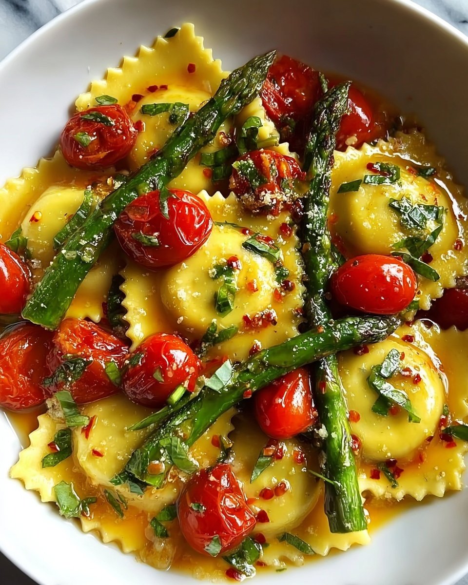 The dish shows one layer of yellow ravioli pasta with a soft texture, sitting in a white bowl with curved edges. On top, there are bright green asparagus spears placed diagonally and whole, mixed with red cherry tomatoes that are sometimes cut in half, showing the juicy inside. Scattered over everything are small pieces of chopped green herbs and tiny red pepper flakes, adding texture and color contrast. The pasta and vegetables are lightly coated with a shiny oil sauce that reflects light, giving the dish a fresh and vibrant look. The background is a white marbled surface. Photo taken with an iphone --ar 4:5 --v 7
