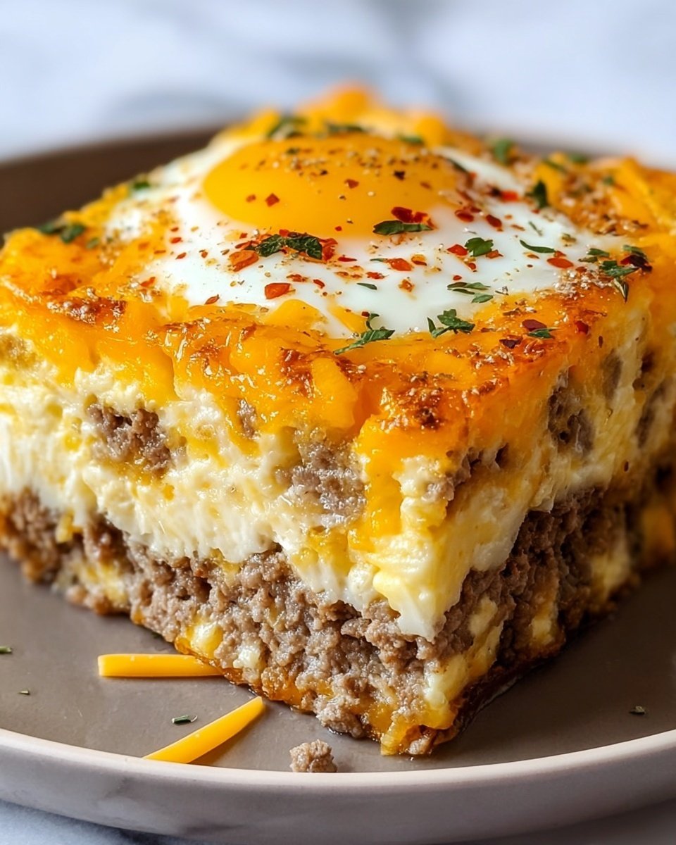 A thick square piece of breakfast casserole sits on a white plate with a white marbled background. The bottom layer is light brown cooked ground meat with a crumbly texture, followed by a thick layer of creamy folded eggs mixed with melted cheese, showing a soft and slightly fluffy texture. On top of this is another layer of cooked ground meat, similar in color and texture to the bottom. The next layer is another soft, yellow scrambled or baked egg mixture. The top layer features a sunny side up egg with a bright yellow yolk and smooth white, sprinkled with crushed red pepper flakes and herbs. Surrounding the edges are strands of melted orange cheddar cheese. The photo was taken with an iphone --ar 4:5 --v 7