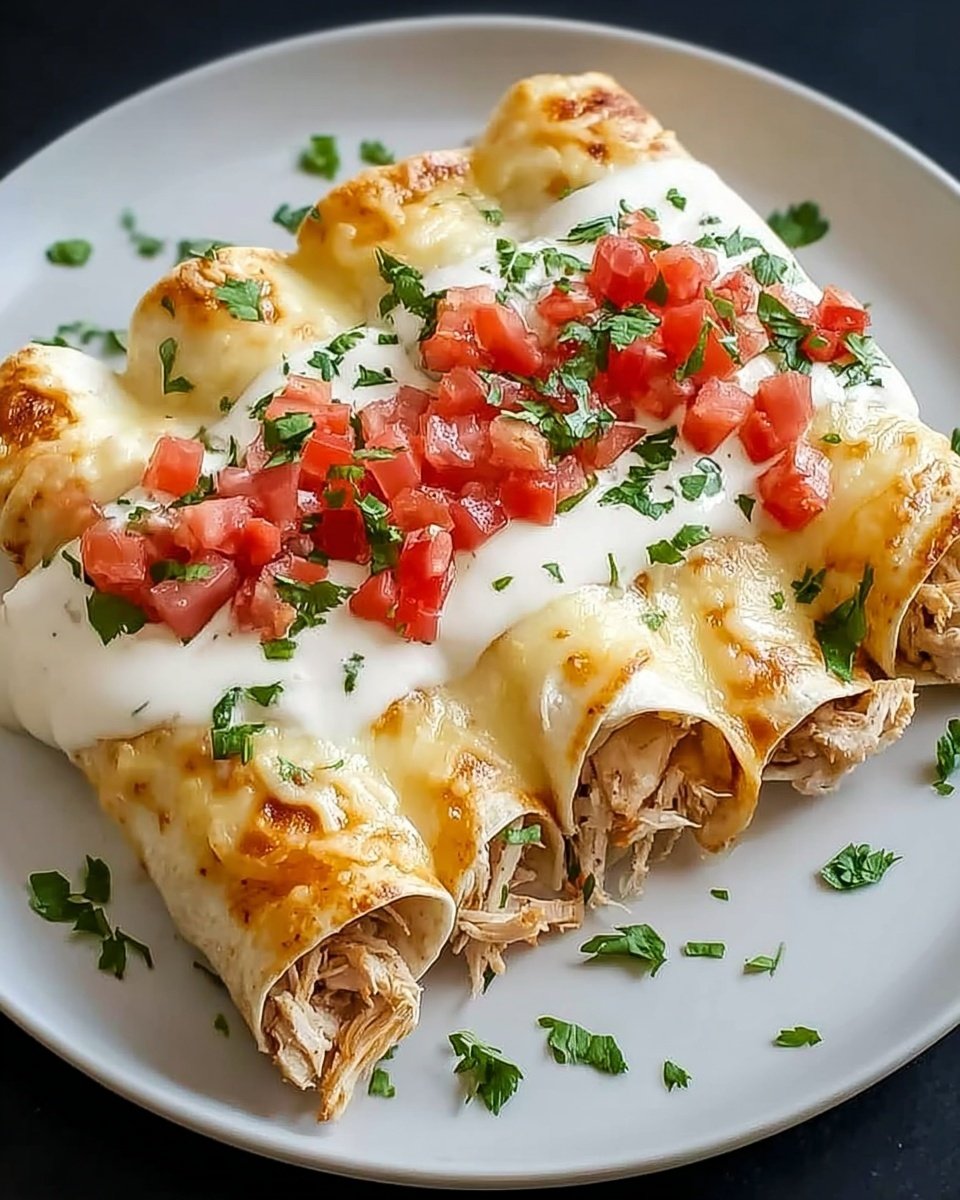 The dish shows three rolled tortillas filled with shredded chicken, placed side by side on a white plate. The tortillas have a light golden-brown top with melted cheese that looks slightly crispy. On top of the tortillas, there is a smooth layer of white sauce spread over the middle, sprinkled with diced red tomatoes and chopped green cilantro. Some shredded chicken pieces peek out from the ends of the tortillas, and a few small cilantro pieces are scattered on the white marbled surface around the plate. Photo taken with an iphone --ar 4:5 --v 7