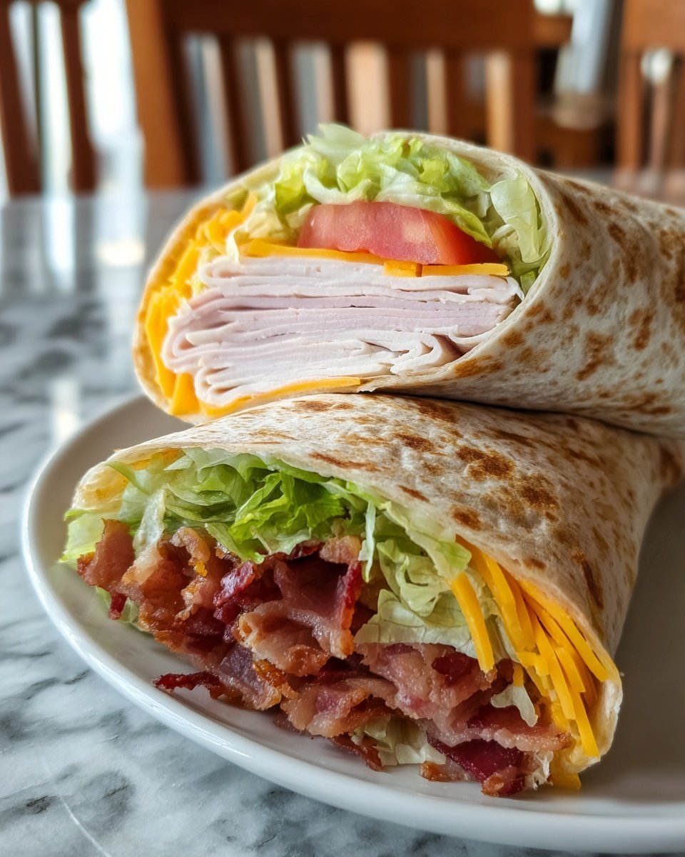 The image shows two halves of a wrap sandwich stacked on a white patterned plate. The wrap has a soft, lightly toasted tan tortilla rolled around layers. Inside, there are crisp green lettuce leaves, bright red tomato slices, and crispy reddish-brown bacon strips. Thin slices of pale turkey meat are layered neatly, with shredded yellow cheddar cheese scattered throughout. The wrap halves sit on a white marbled surface, focusing on the colorful, fresh ingredients in each layer. Photo taken with an iphone --ar 4:5 --v 7