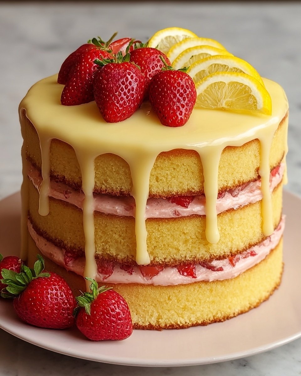A three-layer yellow cake with soft, thick pink cream filling between each layer. The cake is covered with smooth, thick yellow icing that drips down the sides. On top, there are fresh whole strawberries and lemon slices arranged in a circle. The cake sits on a white plate, placed on a white marbled surface with a blurred green background. photo taken with an iphone --ar 4:5 --v 7