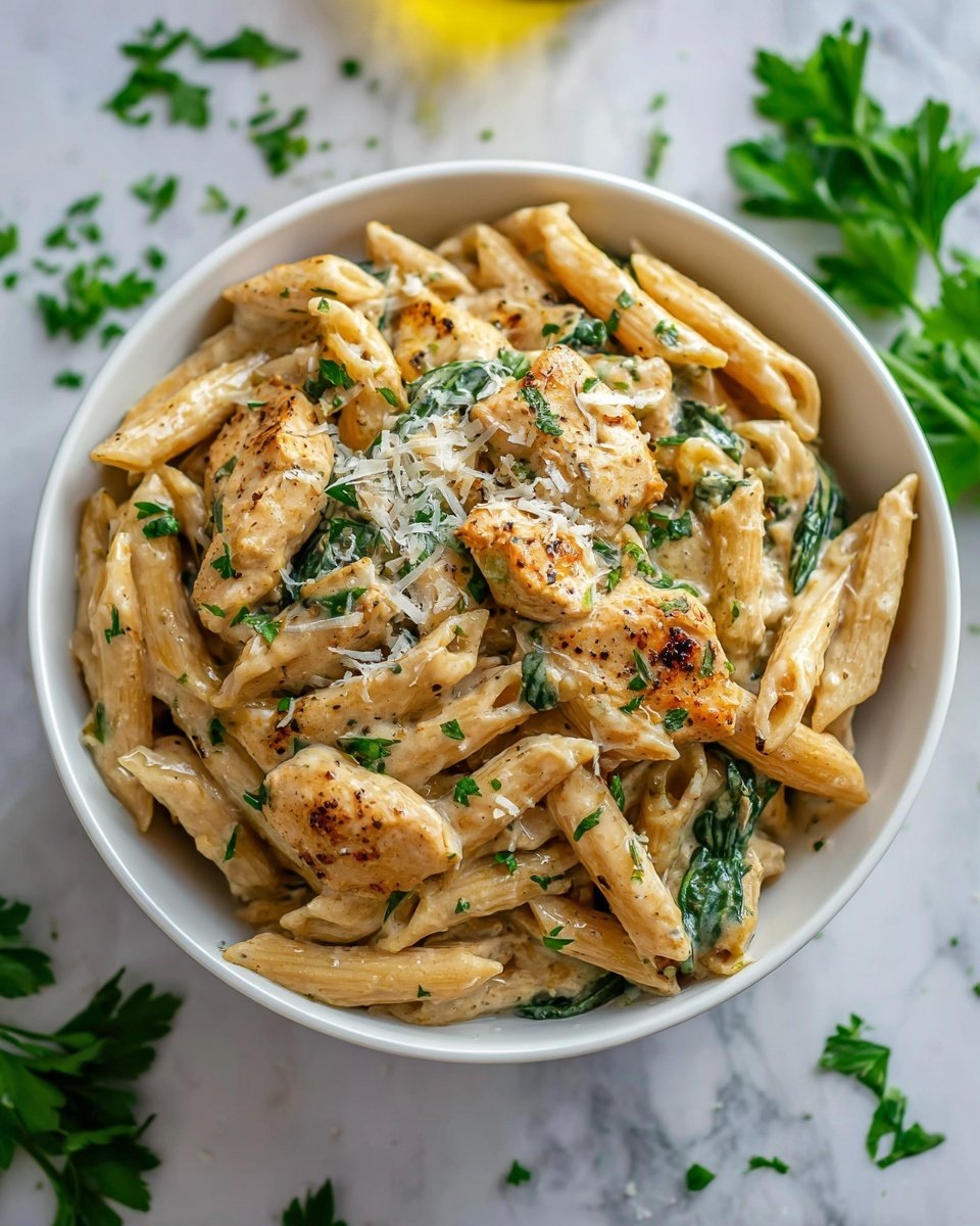 This image shows a pan filled with a creamy pasta dish that has three main layers. The base layer is made of light yellow rigatoni pasta covered in a smooth white cream sauce with a few specks of herbs. The middle layer includes bright green spinach leaves scattered evenly among the pasta. The top layer features evenly sized, golden brown chunks of cooked chicken sprinkled with cracked black pepper, giving a slight contrast in texture and color. The overall look is rich and creamy with a mix of soft and tender pieces, all sitting in a black pan on a white marbled surface. Photo taken with an iphone --ar 4:5 --v 7
