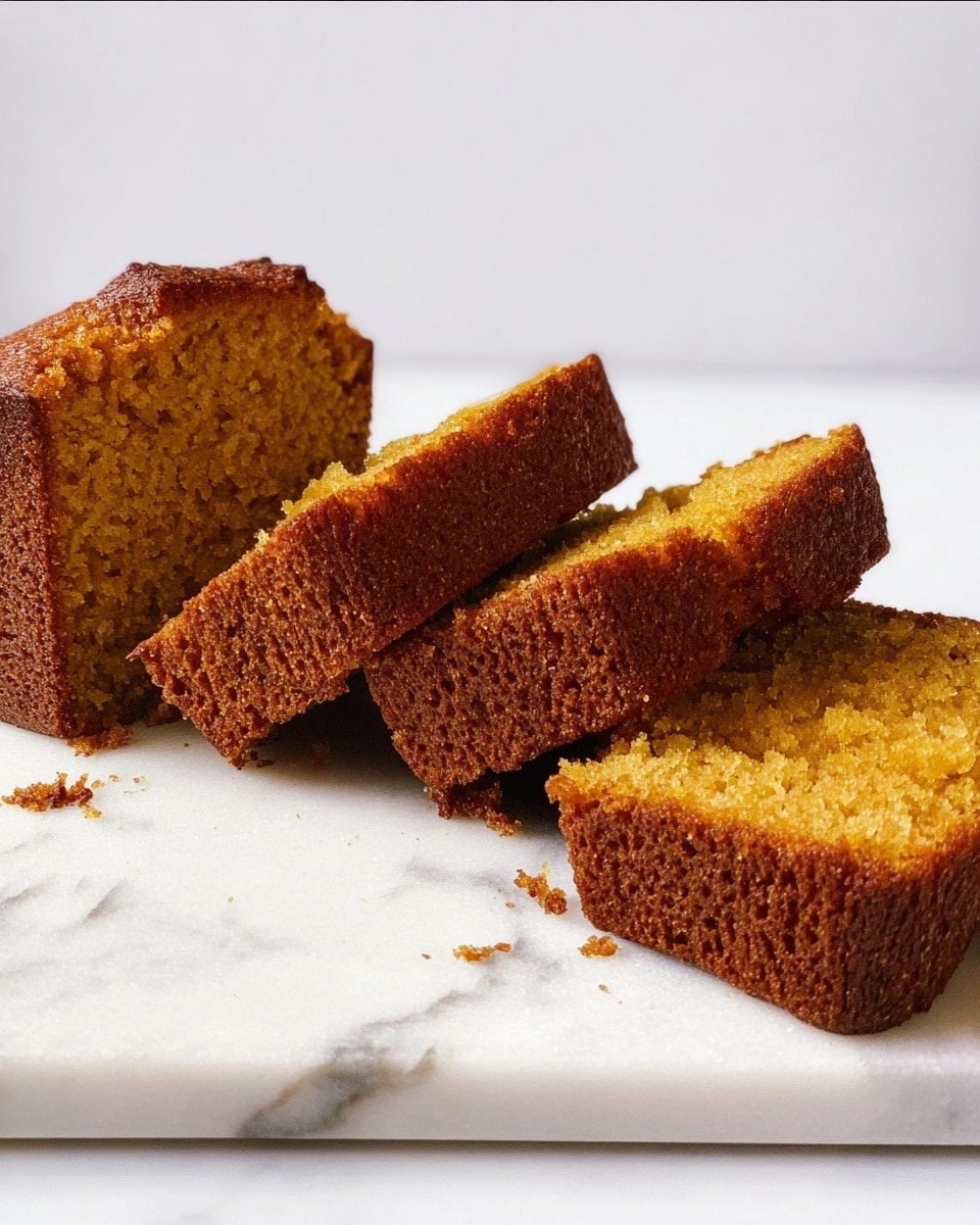 The image shows four pieces of brown cake with a golden inside, arranged on a white marbled surface. The piece on the left is a larger slice standing upright, while the next two pieces lean slightly on each other, showing their soft, crumbly texture. The last piece lies flat on the right side, revealing the dense, moist layers inside. The background is plain white, making the warm colors and texture of the cake stand out clearly. photo taken with an iphone --ar 4:5 --v 7