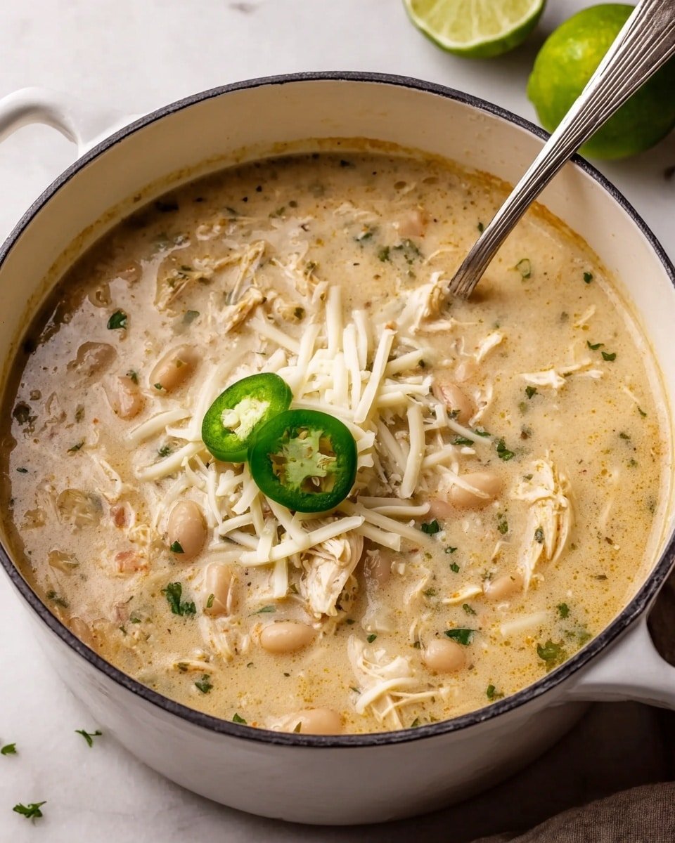 The image shows a white pot filled with creamy soup made of shredded chicken, white beans, and small corn pieces, all mixed in a light yellow broth with some green herbs sprinkled on top. There are two slices of green jalapeño and a dollop of white cream next to a lime slice placed on the soup's surface. A spoon is partially dipped in the soup from the right side. The pot is placed on a soft white cloth over a white marbled surface, with two whole green limes and some sliced bread pieces in the background. Photo taken with an iphone --ar 4:5 --v 7