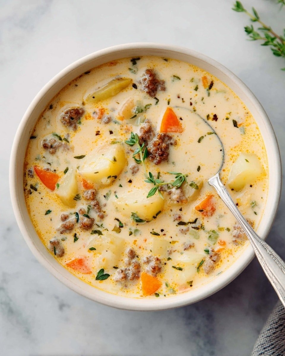 A white bowl filled with creamy soup that has visible chunks of light yellow potatoes, small pieces of browned sausage, and orange carrot bits, mixed with green herbs scattered throughout. The soup base is thick and pale yellow with a smooth texture, and a silver spoon is resting on the right edge of the bowl. There are small green herb sprigs floating on top as garnish, and the bowl is placed on a surface with a white marbled texture. Photo taken with an iphone --ar 4:5 --v 7