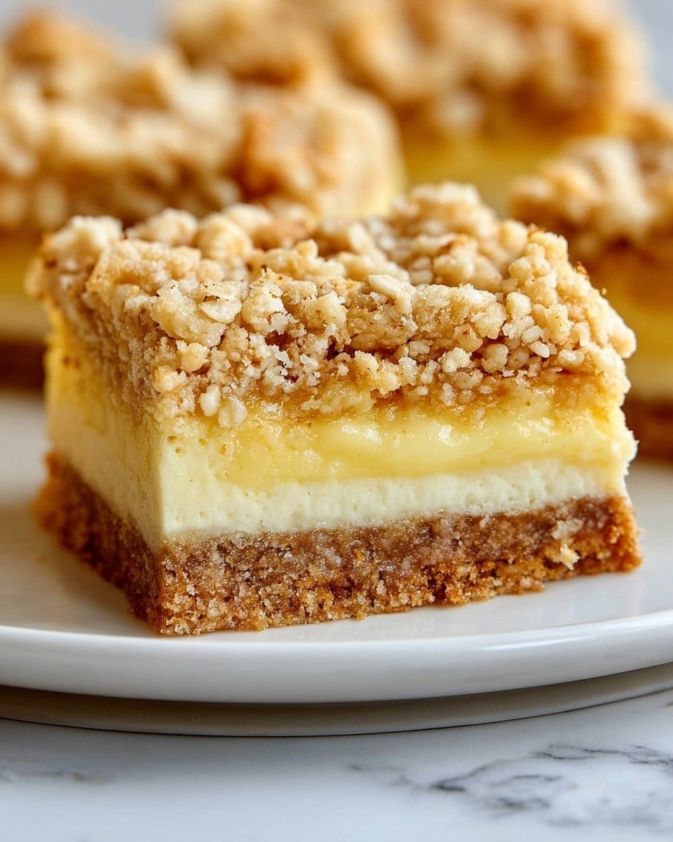 The image shows a square bar dessert with three distinct layers on a white plate over a white marbled surface. The bottom layer is a dense, light brown crumbly crust. The middle layer is thick and creamy with two parts: the lower part is white and smooth, while the upper part is bright yellow and glossy, resembling a lemon filling. The top layer is a crumbly oat topping in a golden brown color, with a rough texture and visible oat pieces. Other bars with the same layers are blurred in the background. photo taken with an iphone --ar 4:5 --v 7