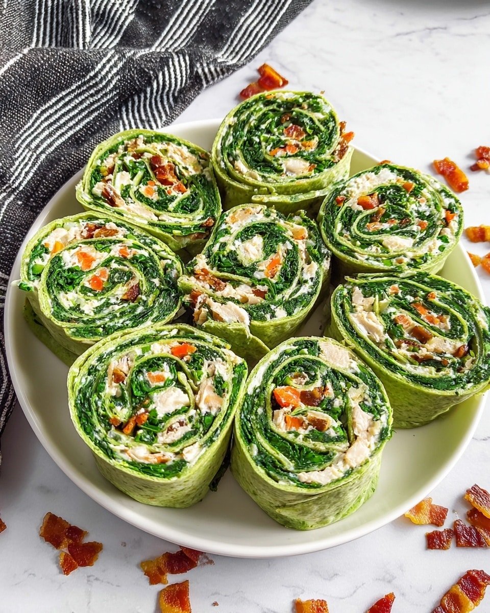 A white plate holds eleven green spinach wraps, each rolled and cut into thick slices, showing many layers inside. The outermost layer is a green spinach wrap, followed by a creamy white layer mixed with leafy dark green spinach and small bits of orange carrot and light tan pieces of what looks like cooked chicken or bacon spread evenly inside. The wraps are tightly rolled, making the layers spiral and well defined. The plate is placed on a white marbled surface with small crispy brown bacon bits scattered around and a black and white striped cloth in the background. Photo taken with an iphone --ar 4:5 --v 7