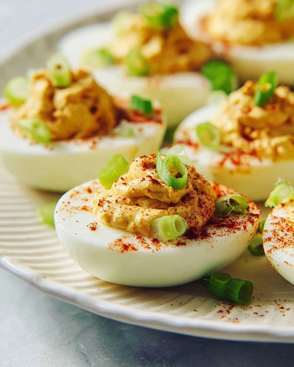 The image shows several deviled eggs arranged closely on a white ridged plate. Each egg half has a smooth white outer layer topped with a creamy yellow filling that is sprinkled with reddish paprika. Small slices of bright green onion pieces are placed on top of the filling and around the eggs, adding color contrast. The white marbled surface can be seen faintly under the plate. The focus is on the deviled eggs in the front with a soft background blur on those in the back. photo taken with an iphone --ar 4:5 --v 7