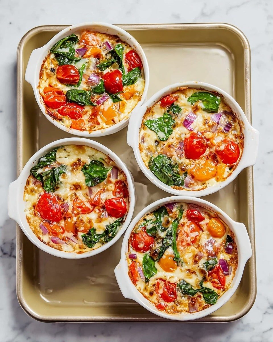 Four white ceramic ramekins filled with a baked dish arranged on a beige baking tray. Each ramekin contains a colorful mix of ingredients including bright red cherry tomatoes, fresh green spinach leaves, small diced orange bell peppers, chopped red onions, and melted cheese creating a slightly browned and bubbly texture on top. The vegetables are scattered throughout the melted cheese, giving a vibrant and fresh look. The tray sits on a white marbled surface, adding a clean and elegant background. Photo taken with an iphone --ar 4:5 --v 7