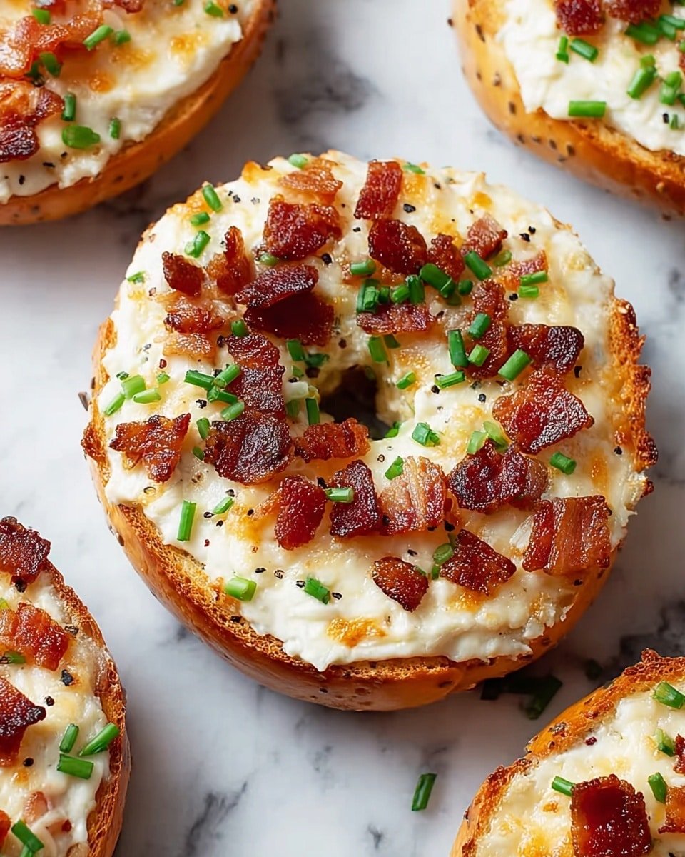 A close-up view of a toasted bagel with three clear layers: the bottom toast layer is golden brown with visible seasoning, the middle layer is a thick creamy cheese spread covering the entire top, and the top layer has crispy brown bacon bits scattered evenly with small bright green chive pieces sprinkled all over. The bagel sits on a surface with a white marbled texture, and parts of other bagels with the same toppings are visible around the main one. photo taken with an iphone --ar 4:5 --v 7