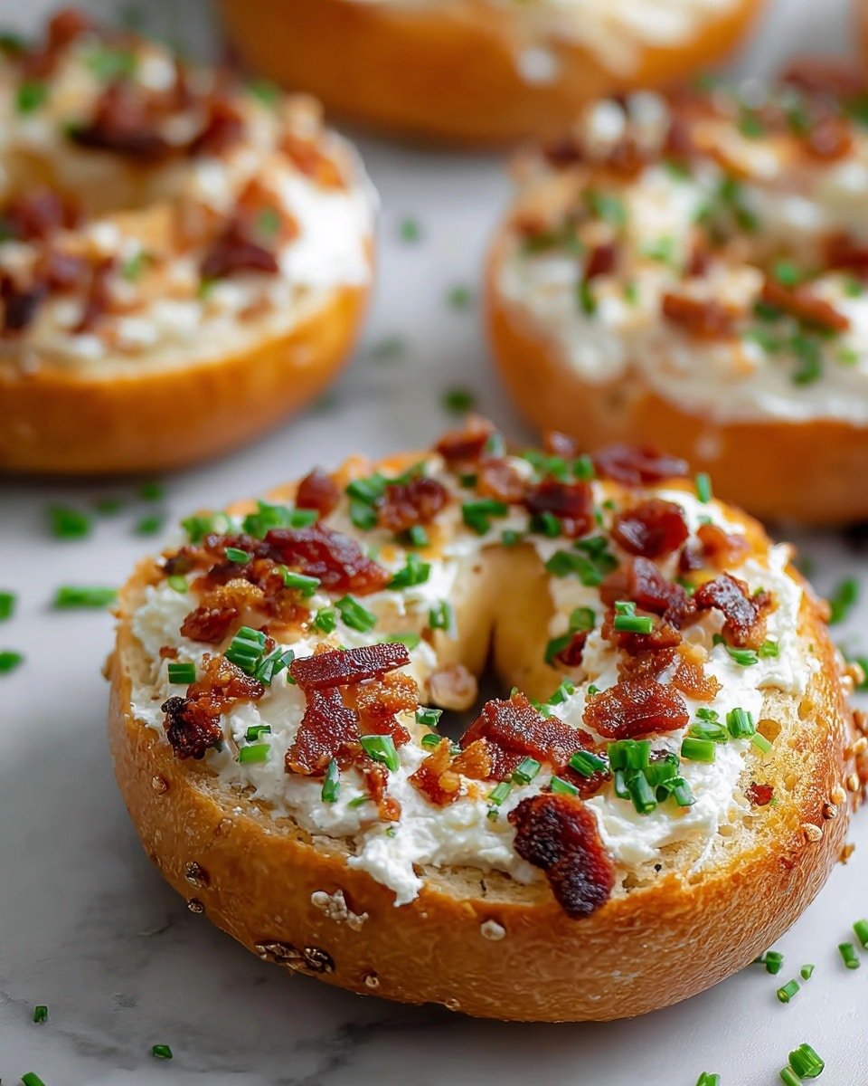 A close-up of a toasted bagel sliced in half showing one half topped with a thick creamy white spread, sprinkled with small crispy brown bacon pieces and bright green chopped chives evenly spread on top, the bagel has a golden brown crust and a soft crumb inside, the background is a white marbled surface with a few scattered chopped chives, and other similar bagel halves are blurred in the background, photo taken with an iphone --ar 4:5 --v 7