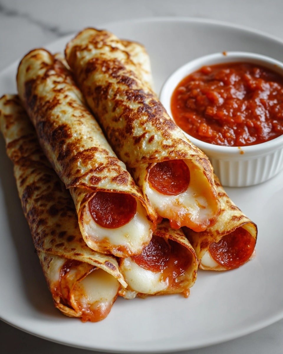 There are three rolled crepes that have a golden brown, slightly crispy outside with visible dark brown spots, each filled with melted white cheese and thin, round slices of red pepperoni inside. The crepes are stacked on a white plate with a small white bowl filled with chunky red marinara sauce next to them. The plate sits on a white marbled surface. photo taken with an iphone --ar 4:5 --v 7