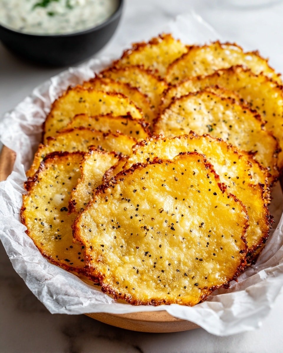 A bowl lined with white parchment paper holds a stack of thin, round, golden-yellow cheese crisps with dark golden-brown edges and small black specks scattered on the surface. The crisps have a slightly uneven texture from melted cheese and are arranged in overlapping layers inside the bowl. In the background, there is a small black bowl filled with a creamy dip that has green herb pieces. The scene is set on a white marbled surface. photo taken with an iphone --ar 4:5 --v 7