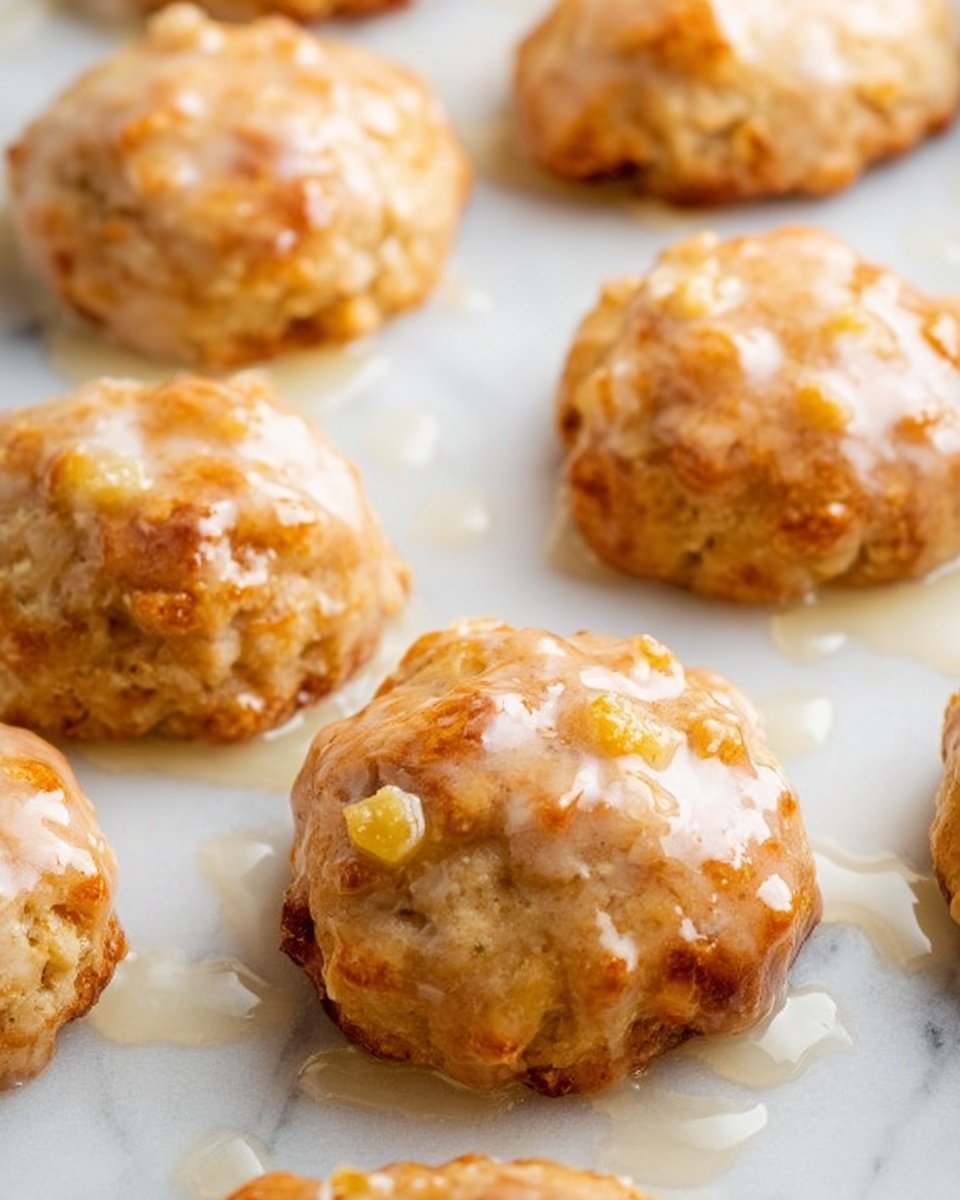 The image shows a tray filled with 15 round, golden-brown cookies that have a slightly rough and uneven surface. Each cookie has small chunks of apple visible inside, giving them a textured look. The cookies are spaced evenly on white parchment paper, which covers a metal baking tray. Some melted butter or syrup has left shiny, amber spots around the cookies on the parchment. The cookies have a light cinnamon dusting on top, adding a warm brown color contrast to their pale yellow and golden tones. The background is a close-up view, highlighting the irregular shapes and soft textures of the cookies. photo taken with an iphone --ar 4:5 --v 7
