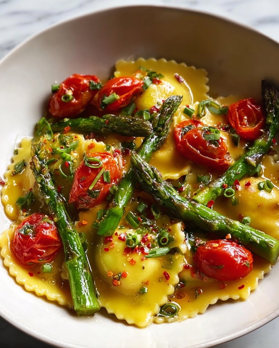 The dish shows a white bowl filled with several layers of food. The bottom layer is made of yellow ravioli with crimped edges, scattered evenly across the bowl. On top, bright red cherry tomatoes are placed whole and halved, giving a fresh look. There are also green asparagus stalks lying across and mixed in, adding long, thin shapes with a slightly shiny texture. Finely chopped green herbs are sprinkled over everything, giving small flecks of color. A light sauce coats the ingredients, making them look glossy, with a few black pepper specks for contrast. The whole scene is set on a white marbled surface. Photo taken with an iphone --ar 4:5 --v 7