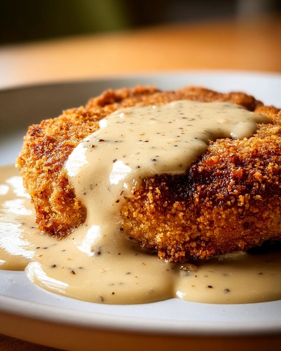 A close-up image of a crispy golden brown fried patty on a white plate, topped with a thick layer of creamy beige gravy speckled with small herbs, pooling around the base of the patty. The fried layer looks crunchy with uneven texture, and the gravy has a smooth and slightly shiny finish, covering about half the top surface and dripping down the sides onto the plate. The background is a white marbled texture. photo taken with an iphone --ar 4:5 --v 7