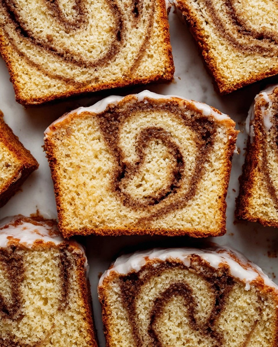 The image shows several slices of swirled cinnamon loaf bread arranged closely together on a white marbled surface. Each slice has one main layer of light golden bread with a soft texture that has a darker, cinnamon-colored swirl running through the middle. The edges of the slices are slightly browned and golden, with a light glaze of white icing on the top edges, adding a shiny and smooth finish. The swirls inside have a rough crumbly texture that contrasts with the smooth bread around them. Photo taken with an iphone --ar 4:5 --v 7
