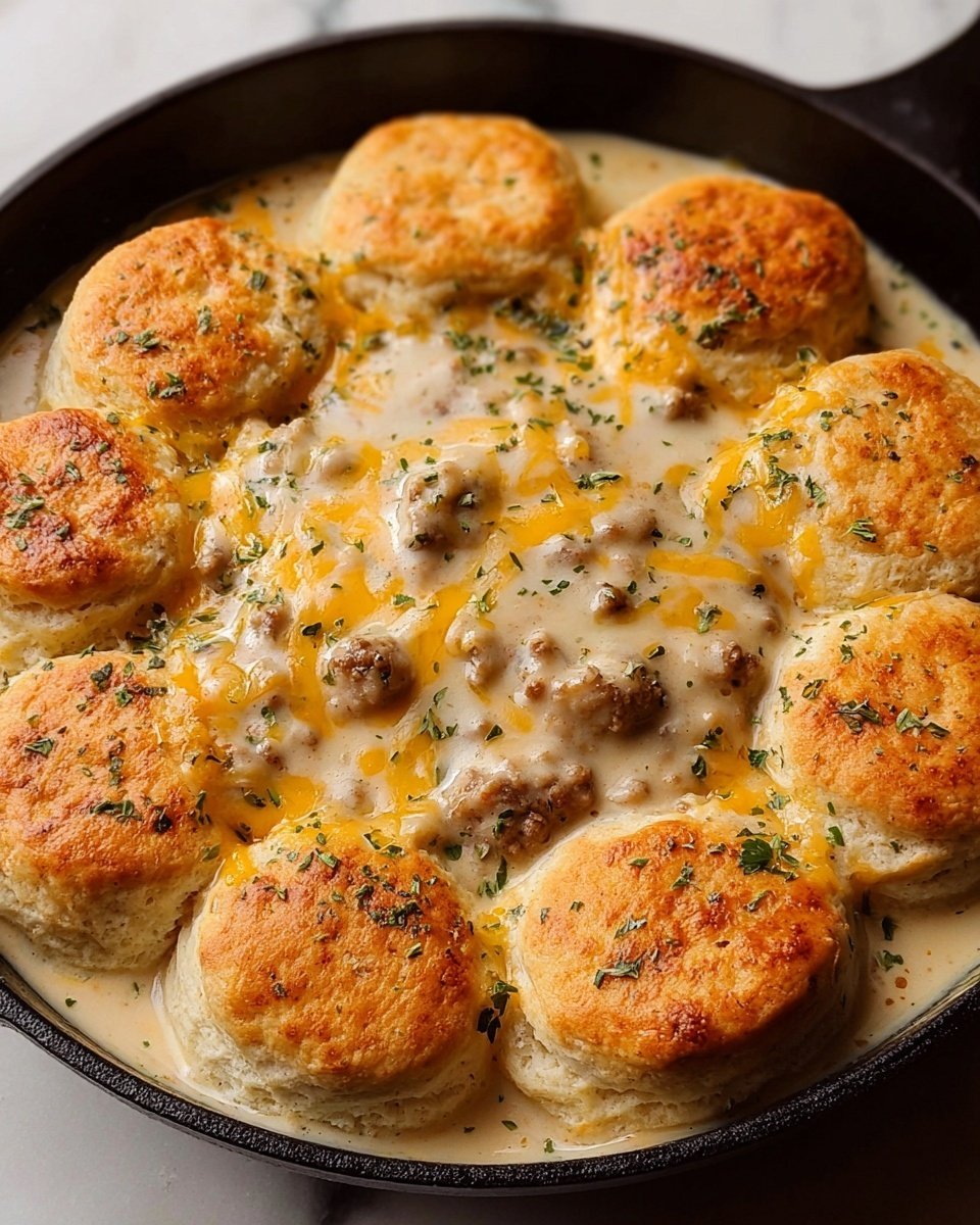 A round black skillet holds a circle of seven golden brown biscuits with a soft, flaky texture, each biscuit placed close to the next, forming a ring around the center. In the middle sits a creamy white sausage gravy with bits of browned sausage mixed in, topped with melted orange cheddar cheese drizzled unevenly over the gravy and biscuits. Small green herb flakes sprinkle over the biscuits and gravy for added color, and the skillet is set on a white marbled surface. photo taken with an iphone --ar 4:5 --v 7