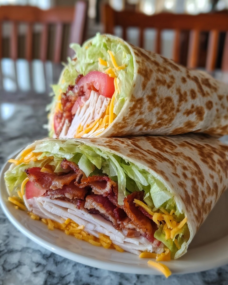 The image shows a close-up view of two wrap halves stacked on a white plate. Each wrap has a textured toasted tortilla with a light golden brown color. The bottom wrap half reveals crisp bacon strips with a reddish-brown color, shredded yellow cheddar cheese, shredded green lettuce, and a slice of red tomato on top, all tightly wrapped inside. The top wrap half displays thin layers of pale turkey slices, shredded cheddar cheese, shredded lettuce, and a tomato slice near the top edge. The background is a white marbled surface with blurred wooden chairs seen in the distance. Photo taken with an iphone --ar 4:5 --v 7